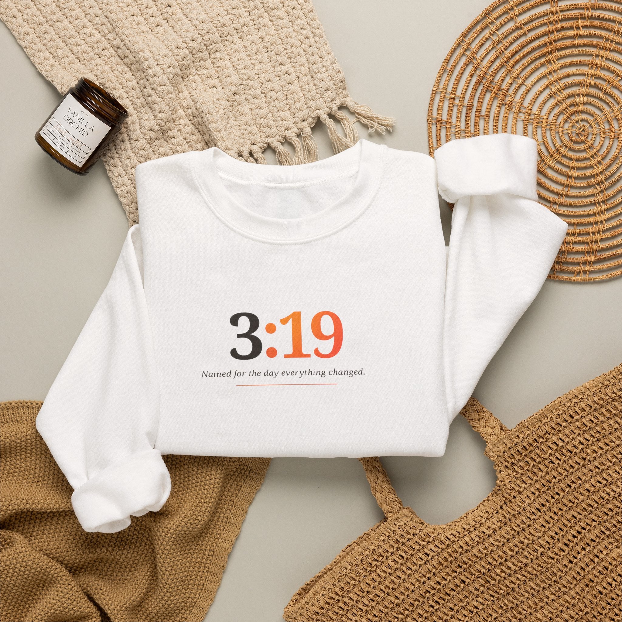 Crewneck Sweatshirt with 3:19 Minimal Script — Subtle Inspirational Graphic
