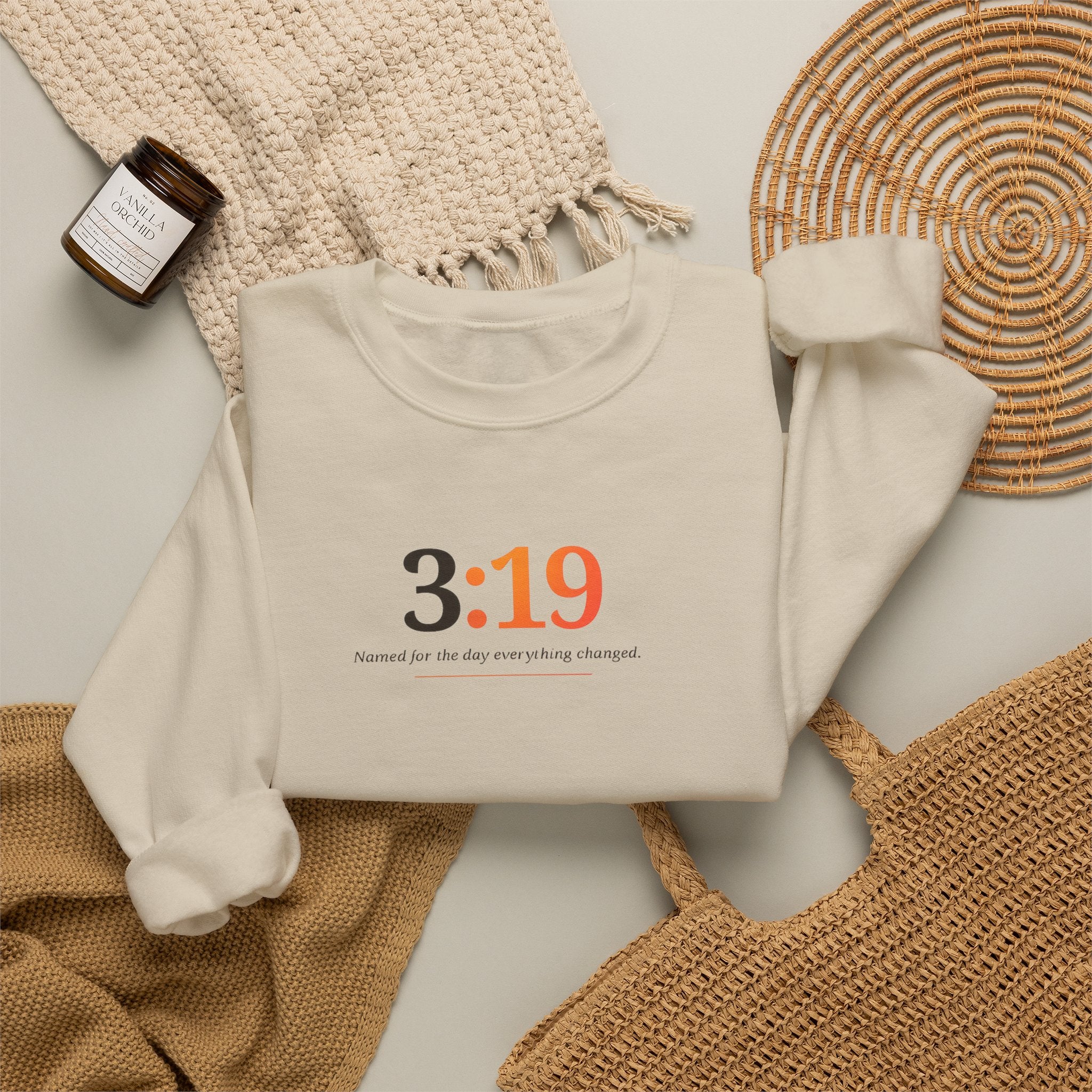 Crewneck Sweatshirt with 3:19 Minimal Script — Subtle Inspirational Graphic
