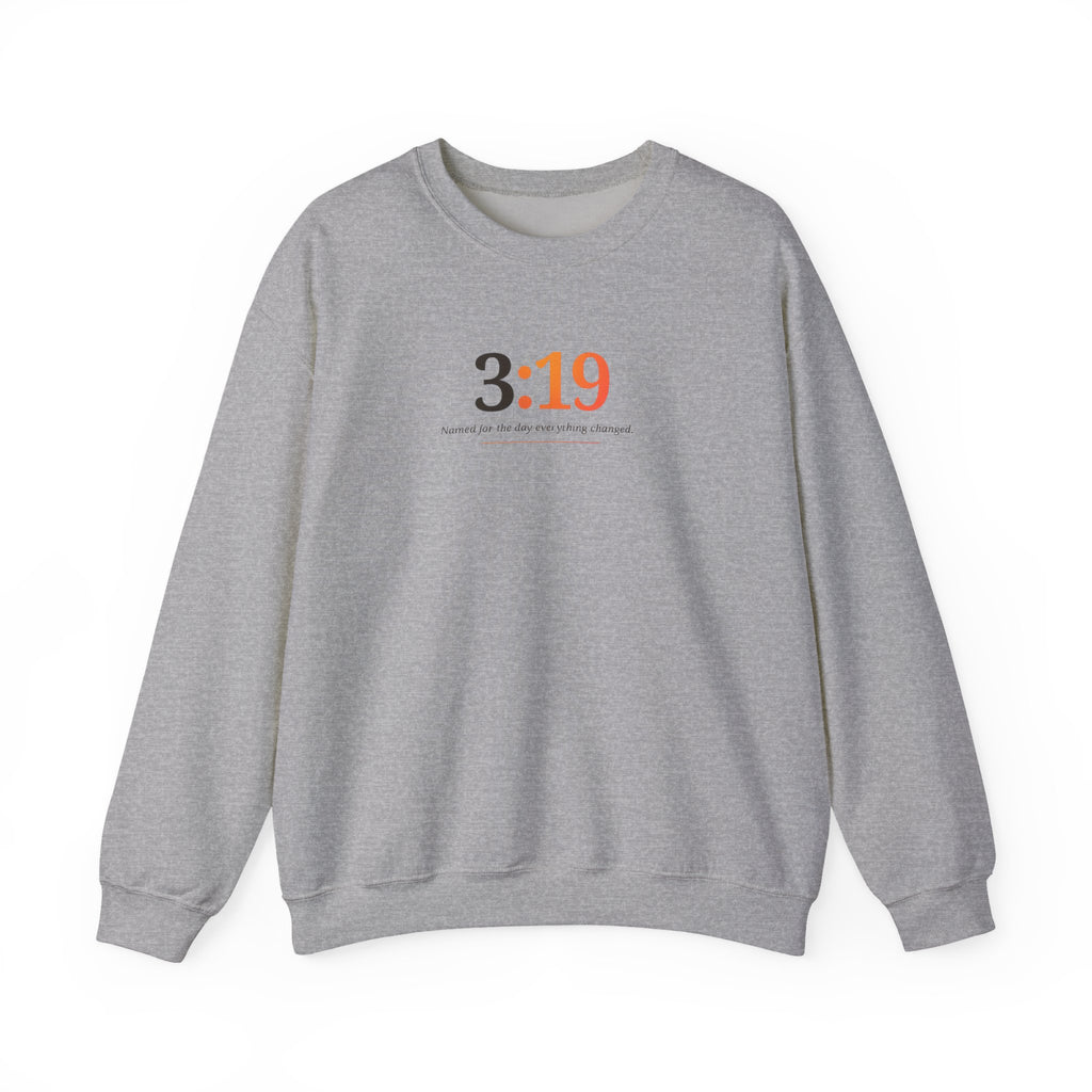 Crewneck Sweatshirt with 3:19 Minimal Script — Subtle Inspirational Graphic