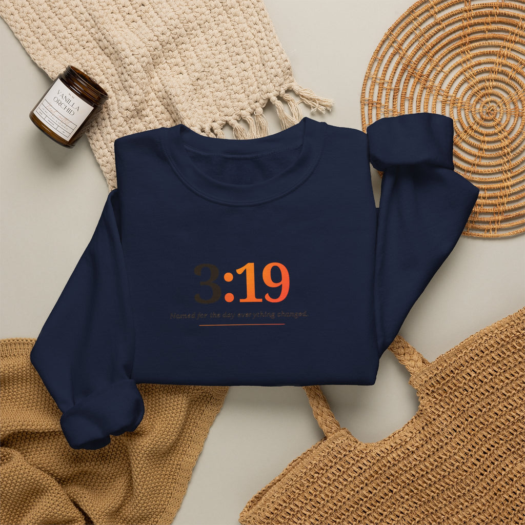 Crewneck Sweatshirt with 3:19 Minimal Script — Subtle Inspirational Graphic
