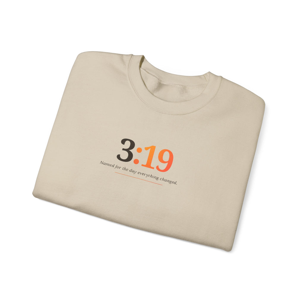 Crewneck Sweatshirt with 3:19 Minimal Script — Subtle Inspirational Graphic