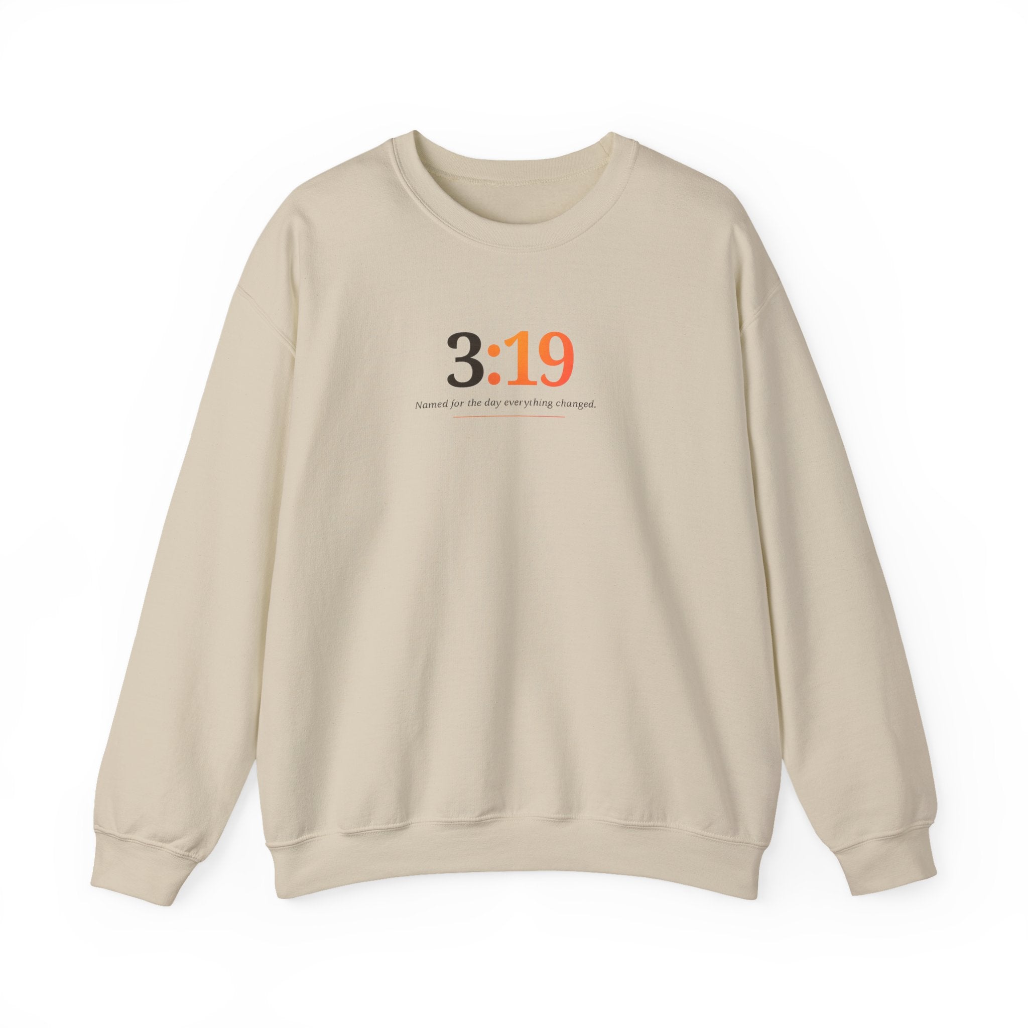 Crewneck Sweatshirt with 3:19 Minimal Script — Subtle Inspirational Graphic