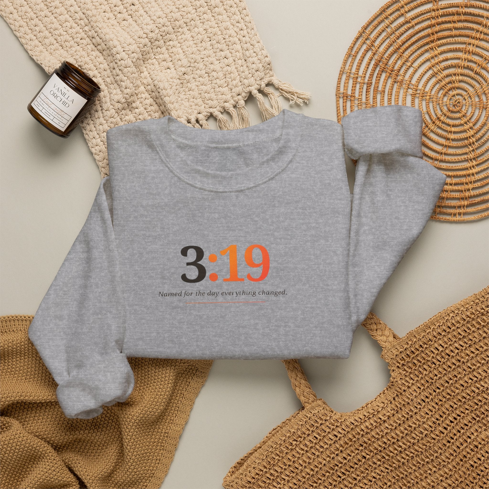 Crewneck Sweatshirt with 3:19 Minimal Script — Subtle Inspirational Graphic